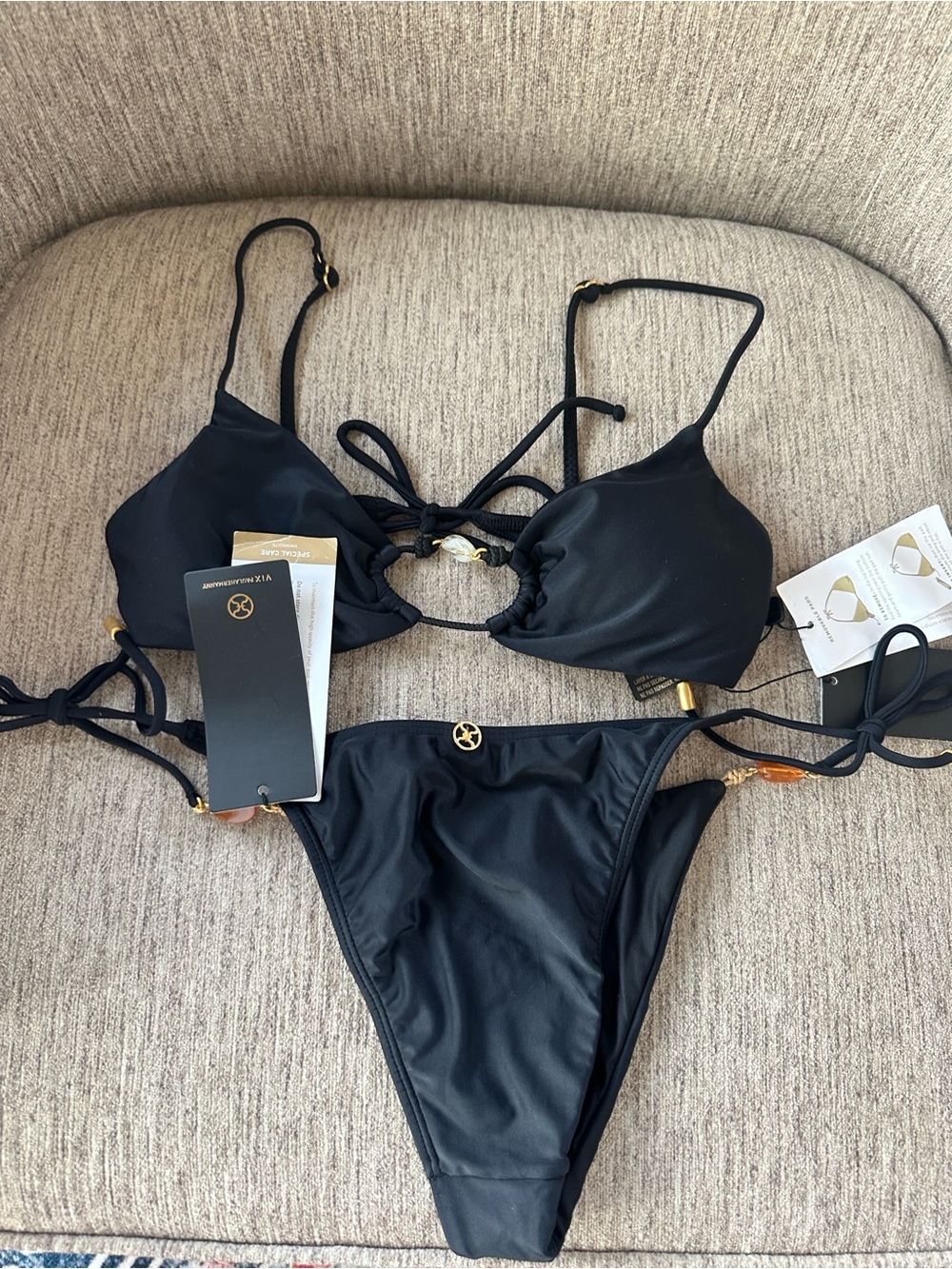 Vix Paula Hermanny Women’s String Bikini Set with Gold Accents size Large NWT. - Picture 8 of 13